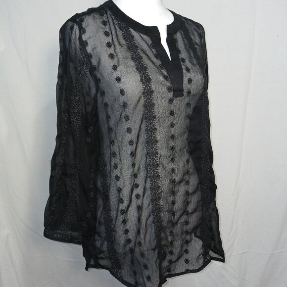 OLIVE AND OAK, BLACK SHEER, FLORAL EMBROIDED PEASANT TOP, SIZE MEDIUM - Picture 3 of 7